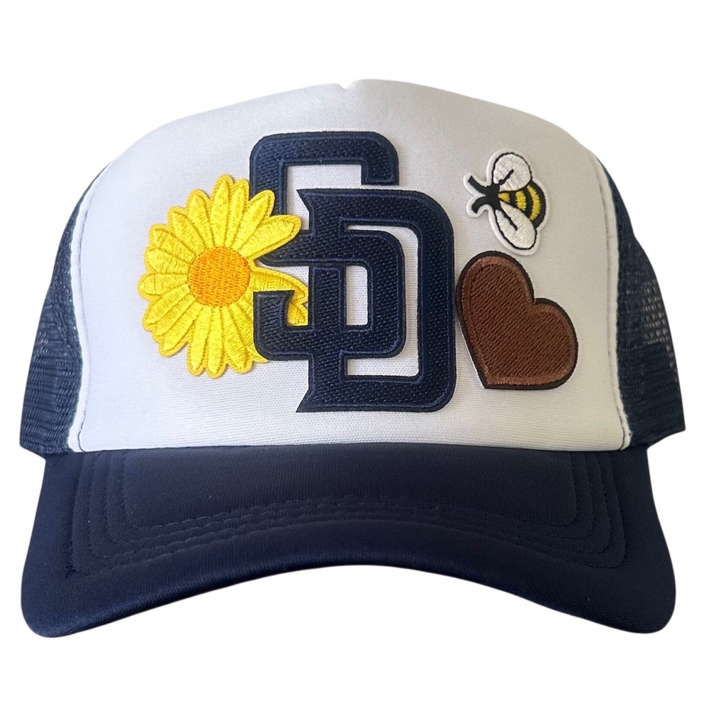 White and Navy San Diego Cap with Floral and Heart Patches